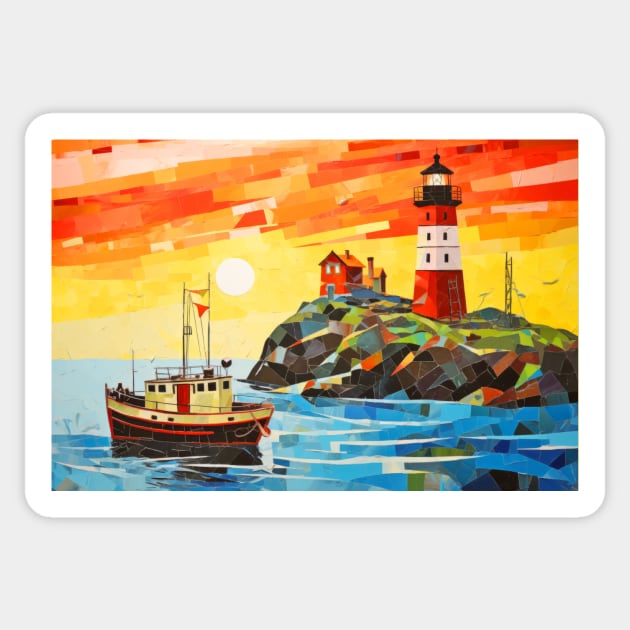 Fishing Boat Concept Abstract Colorful Scenery Painting Sticker by Cubebox